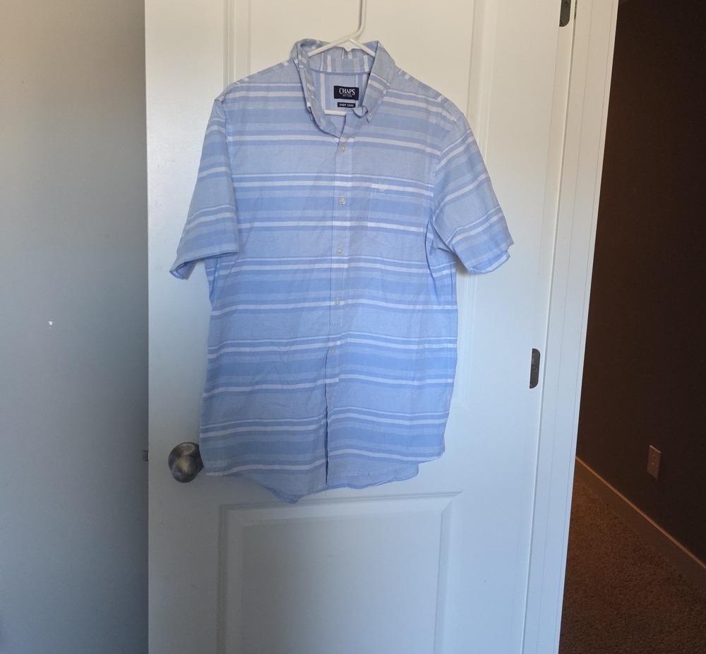 Chaps Light Blue and White Striped Short-Sleeve Button-Up Shirt